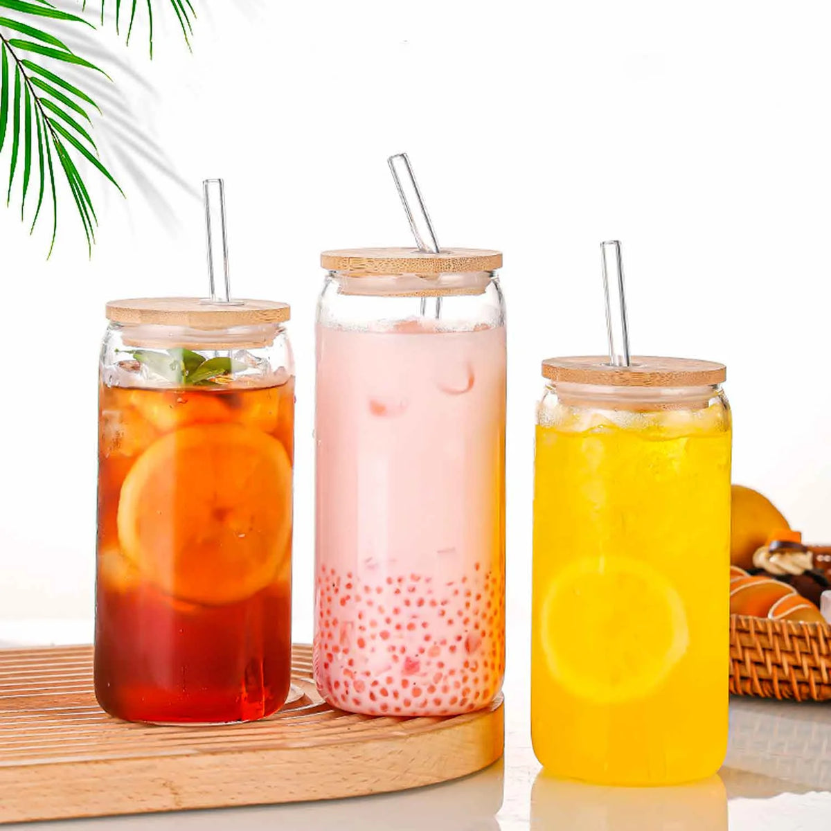 Can Shaped Glass Cups with Bamboo Lids and Glass Straw 6pcs W590