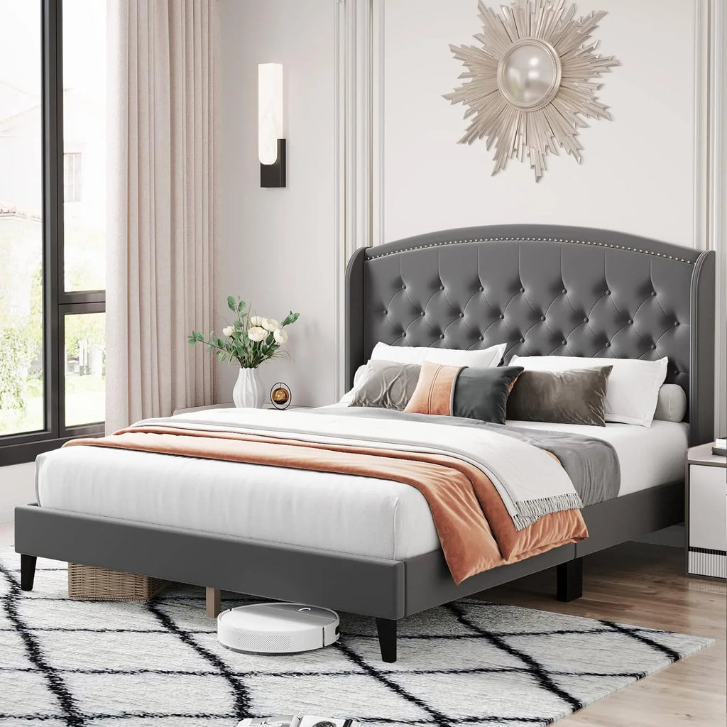 Full Size Beige Upholstered Platform Bed Frame with Wood Slats A104