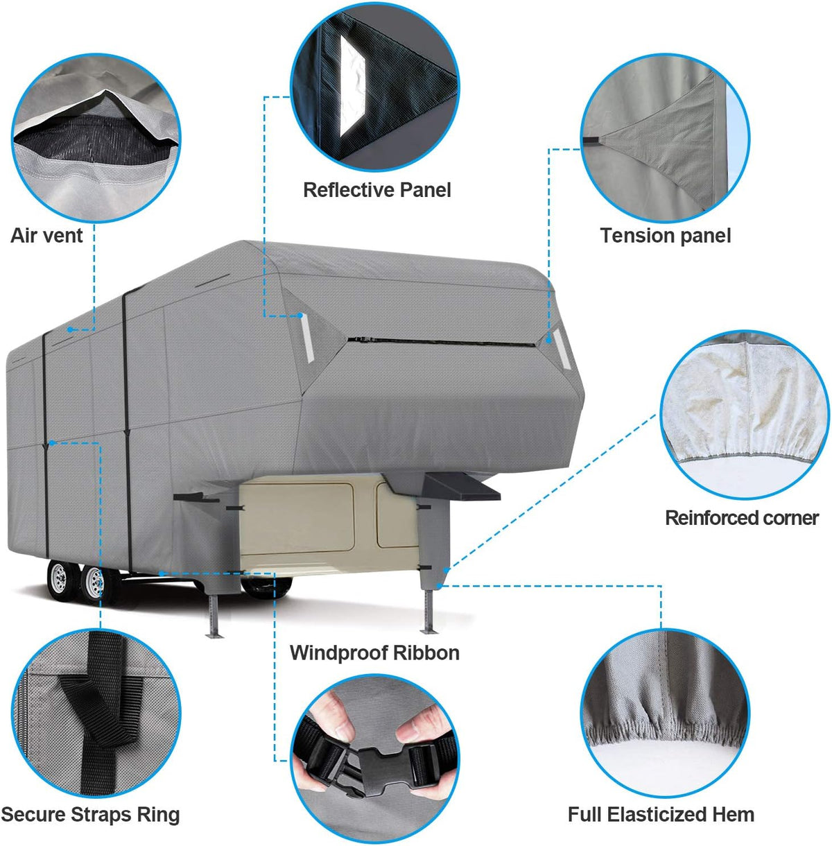 5th Wheel RV Cover 3-Ply Ripstop Waterproof with Steel Pole (26'-29') T48096
