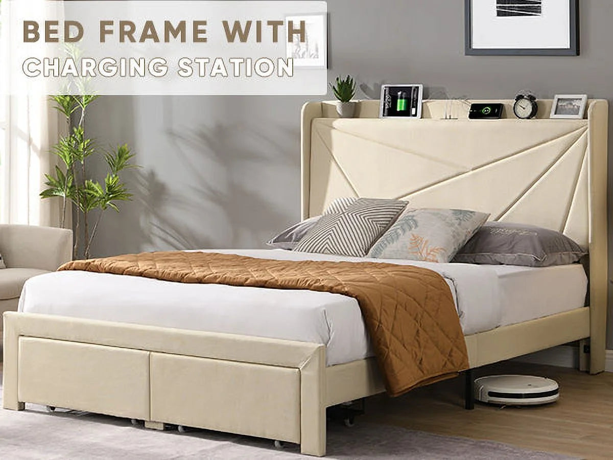 Beige Full Size Bed Frame with 2 Storage Drawers R8193