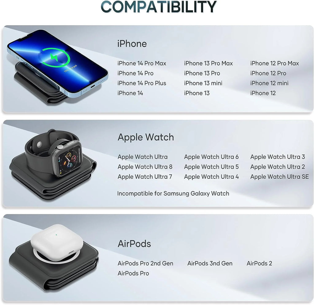 3 in 1 Magnetic Foldable Wireless Charger, Black N630