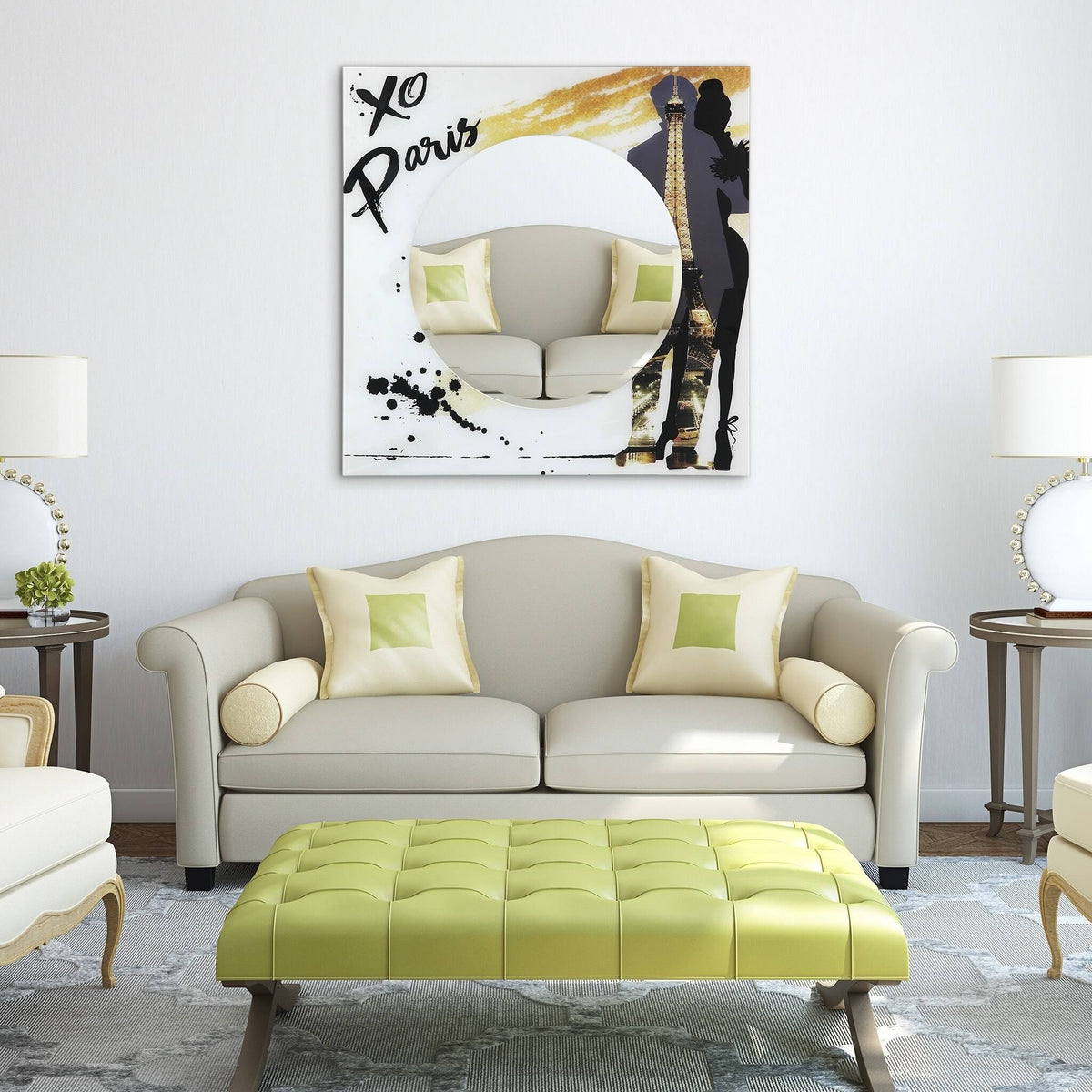 36 in. Square Reverse Printed Tempered Glass Art with 24 in. Round Beveled Mirror D880