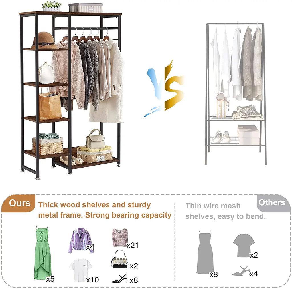Brown Metal Clothes Rack with Wood Storage Shelves A70421
