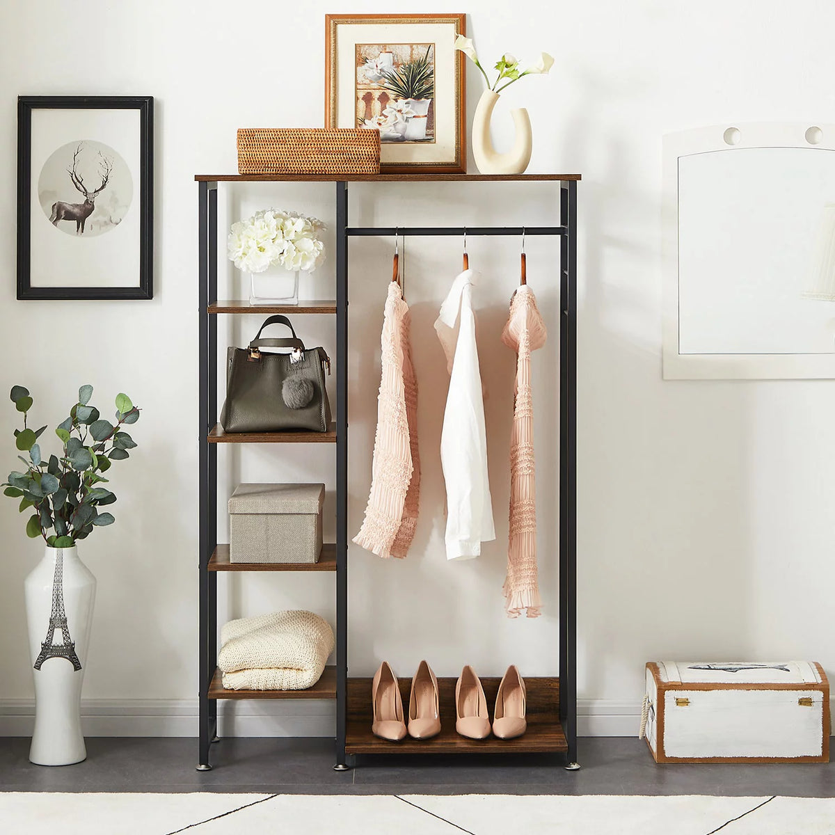 Brown Metal Clothes Rack with Wood Storage Shelves A70421