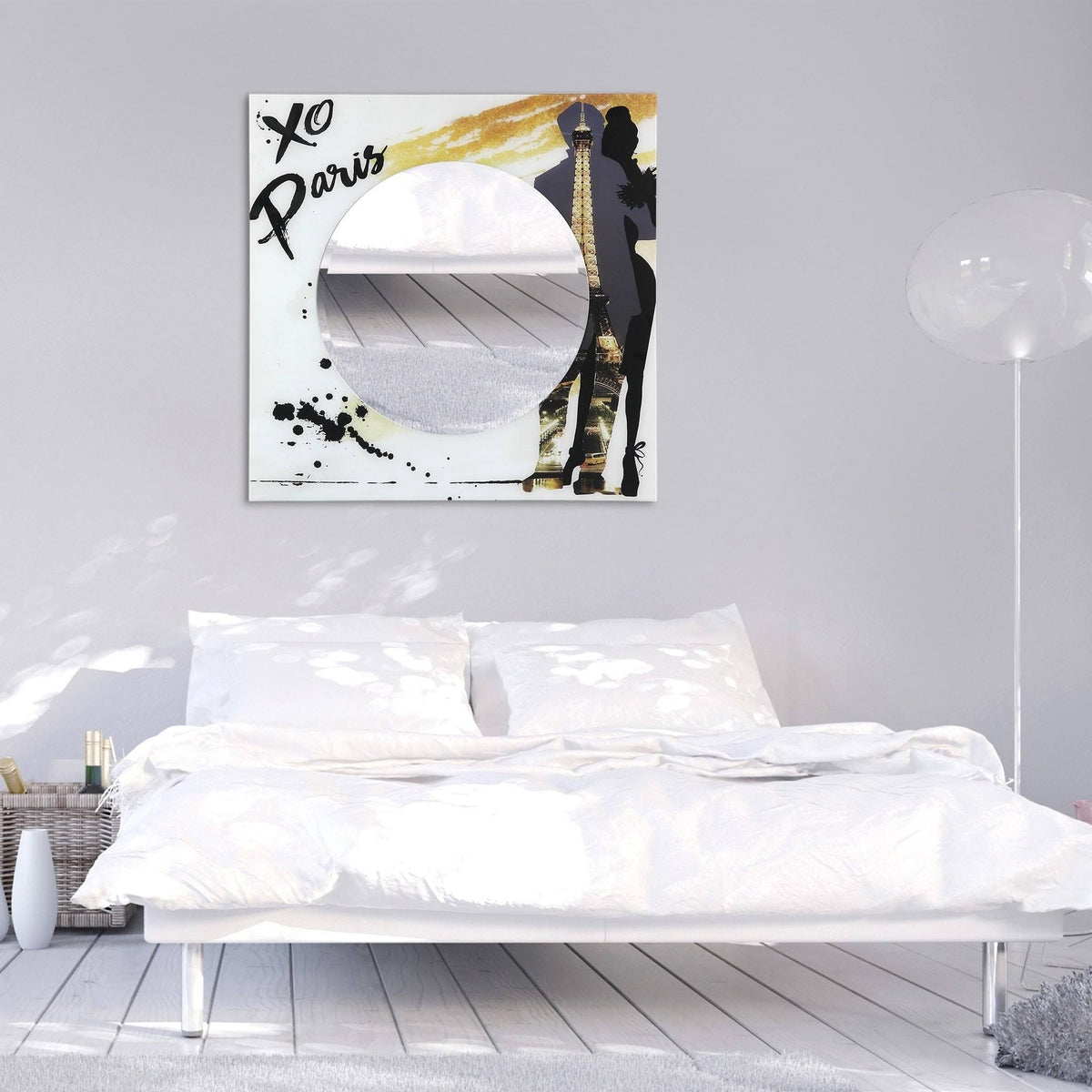 36 in. Square Reverse Printed Tempered Glass Art with 24 in. Round Beveled Mirror D880