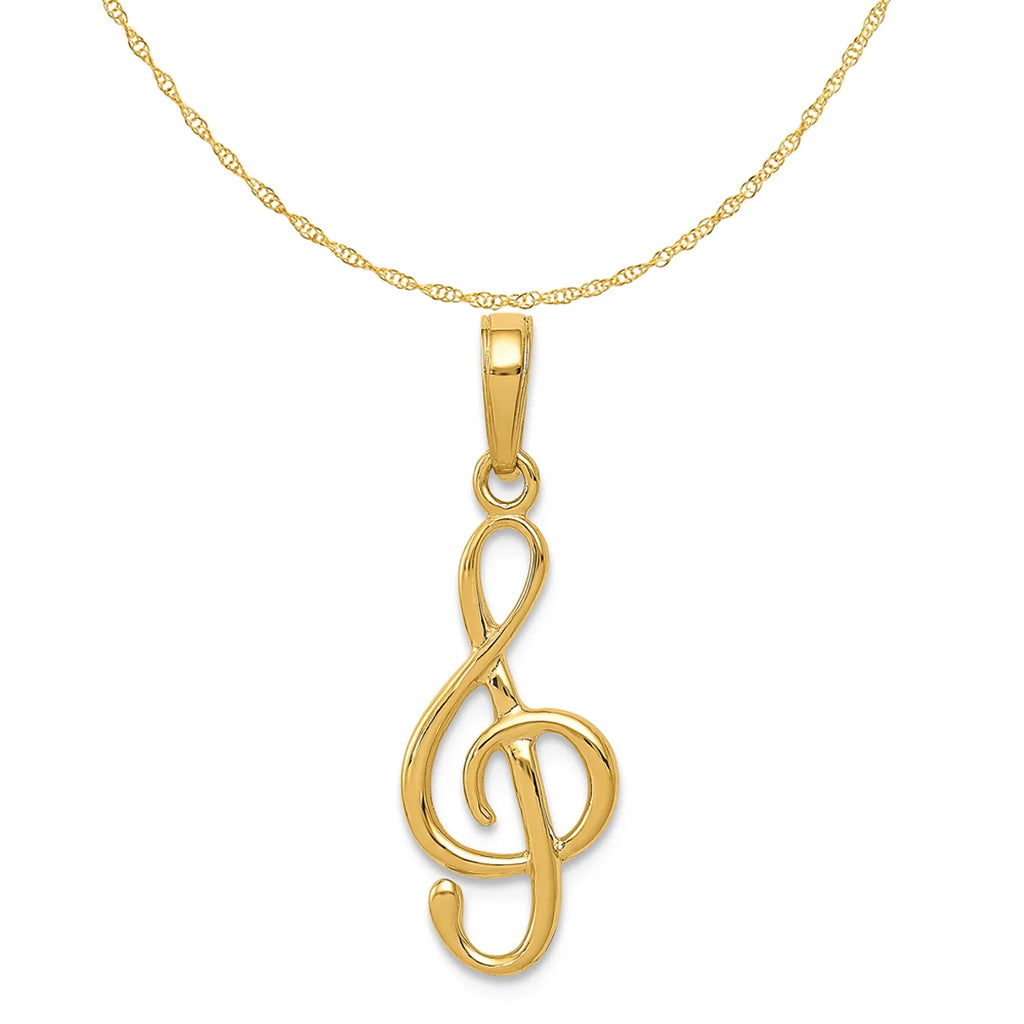 14K Yellow Gold Treble Clef Pendant Charm with Rope Chain Necklace 16'' O854