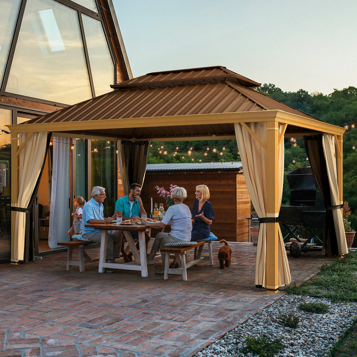 Brown Steel Frame Hardtop Gazebo with Curtains and Netting R954830