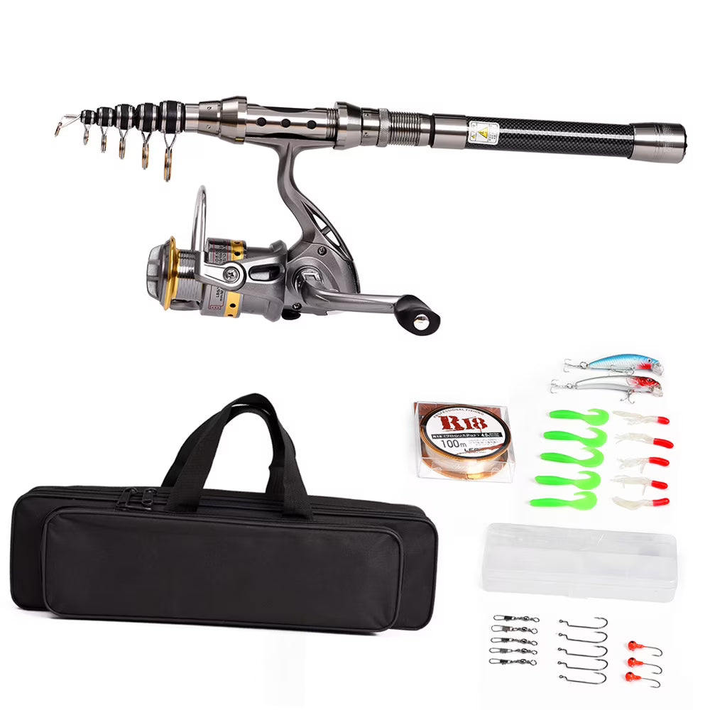 Telescopic Fishing Rod and Reel Combo Full Kit with 100M Fishing Line Lures Hooks Jig Head and Carrier Bag Case B2698