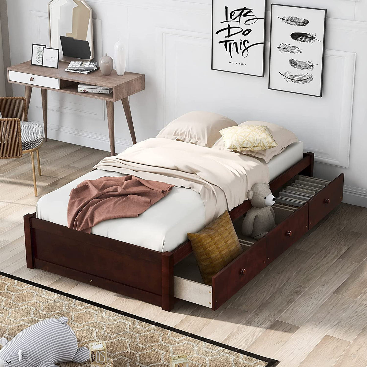 Cherry Wood Storage Bed with 3 Drawers C862519