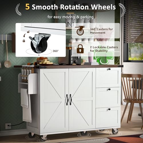 54.5" Farmhouse Mobile Kitchen Island with Power Outlet, Drop Leaf, Spice Rack and Drawer D231