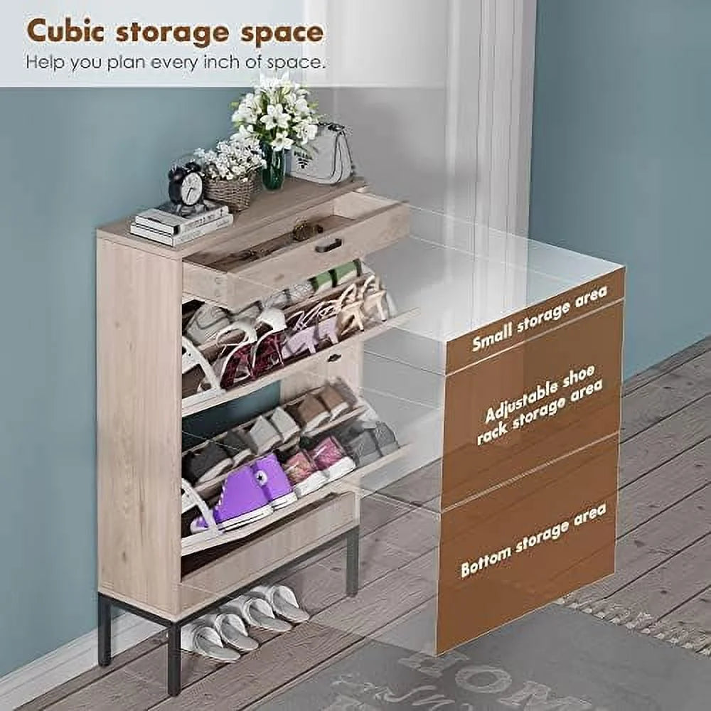 Shoe Cabinet with Flip Drawers and Woven Rattan Doors R6423