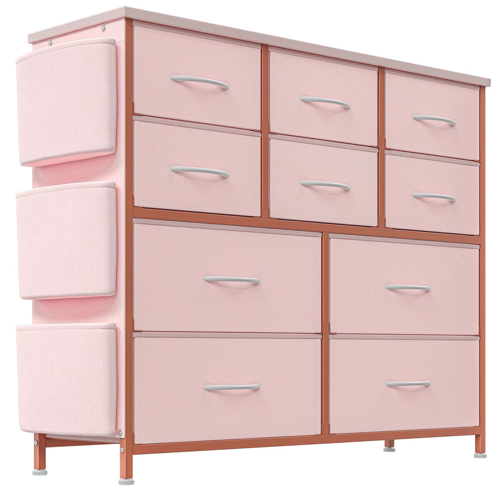 Pink 10 Drawer Fabric Dresser with Wood Tabletop A783044