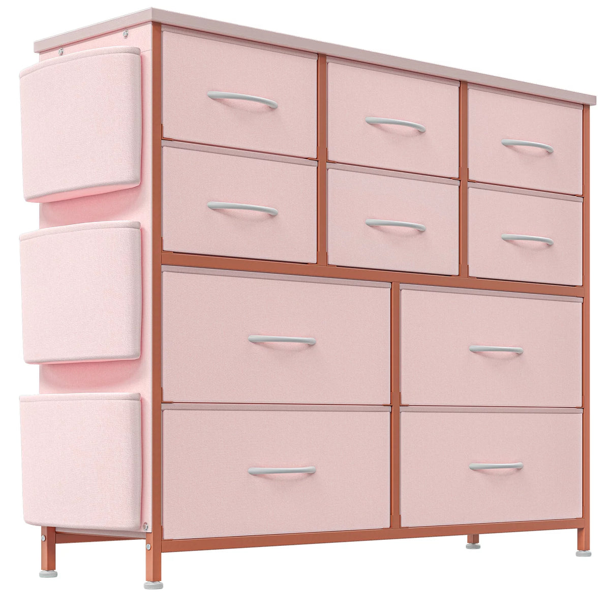 Pink 10 Drawer Fabric Dresser with Wood Tabletop A783044