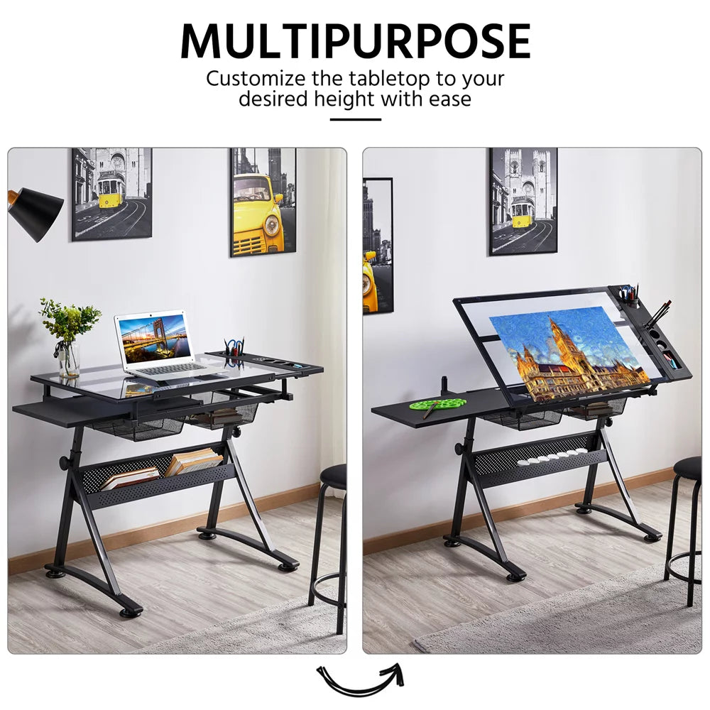Black Adjustable Glass Top Drafting Table with Stool Q943589