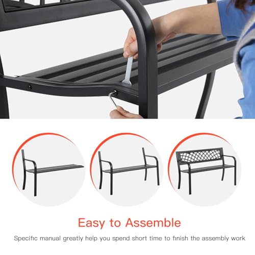 Iron Steel Frame Patio Bench with Mesh Pattern and Plastic Backrest Armrests, Black E3821
