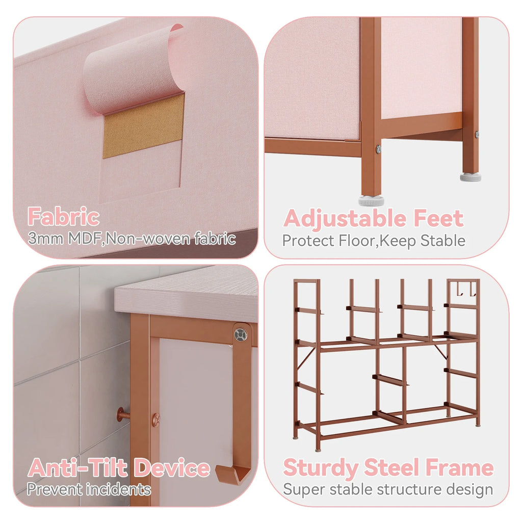 Pink 10 Drawer Fabric Dresser with Wood Tabletop A783044