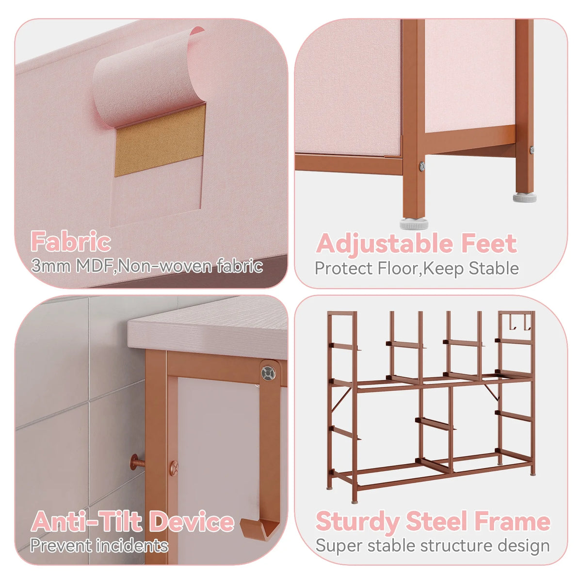 Pink 10 Drawer Fabric Dresser with Wood Tabletop A783044